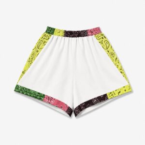 Short blanc en coton blanc vintage. Bandeau en bandana jaune vert violet. Fabrication Française